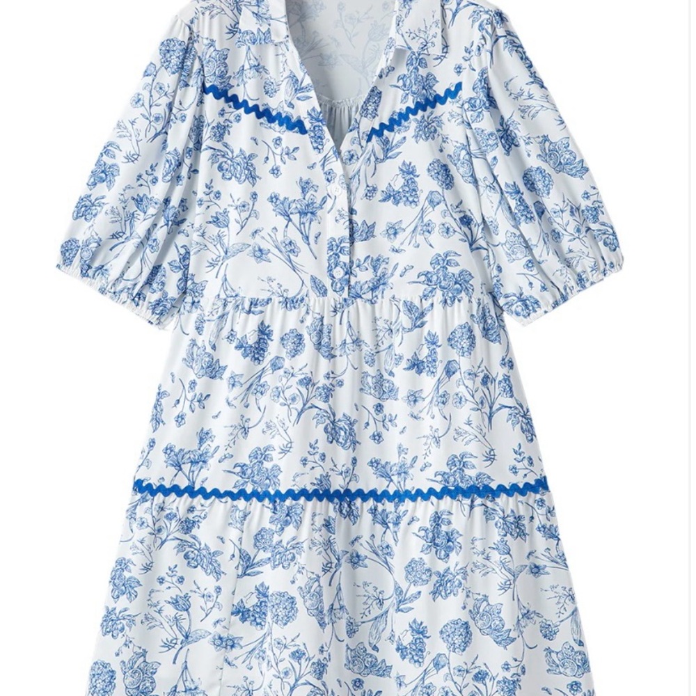 Sky Blue Floral Print Collared VNeck Ric-Rac Trim Mini Dress Women’s Sz 4x NWT
